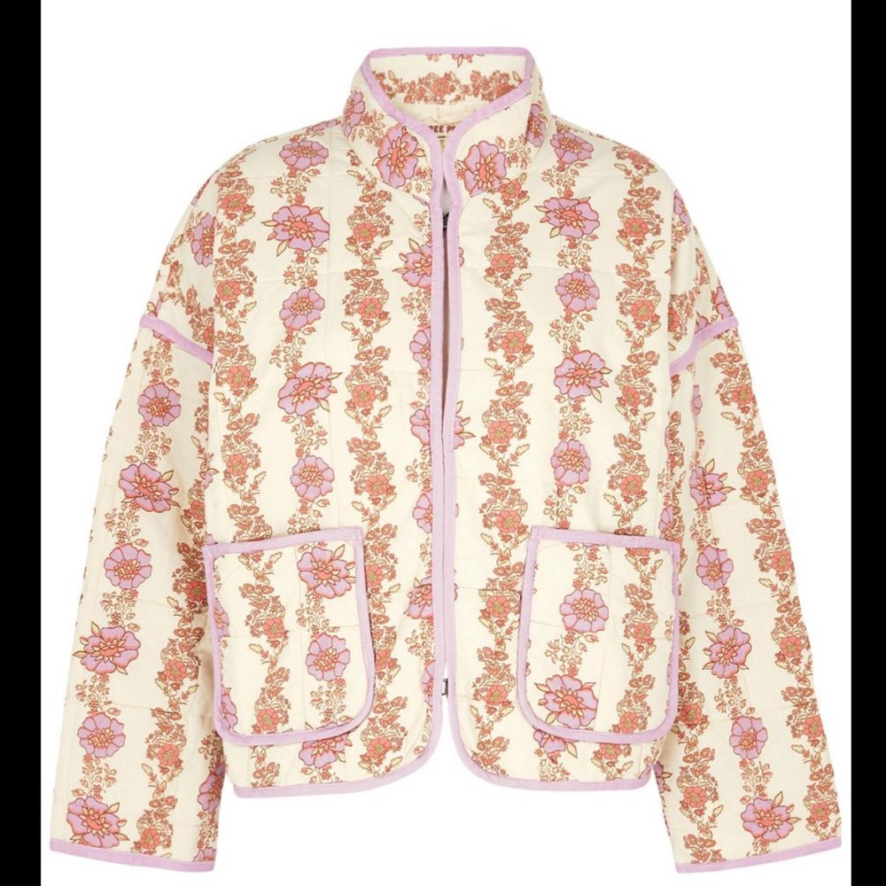 Free People Cream and Pink Floral Quilted Jacket